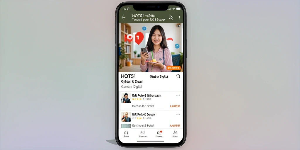 Screenshot antarmuka HOT51 yang menunjukkan alat editing dan desain.