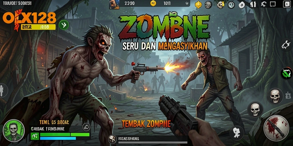 Tampilkan antarmuka permainan OLX128 yang seru dan penuh aksi tembak zombie.